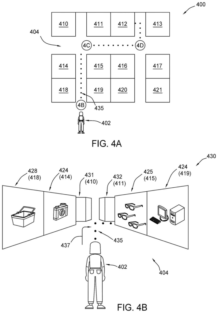 A person navigating a virtual hallway lined with storefronts and objects designed to test cognitive function. Drawing from patent filing US 2026/0245701 A1.