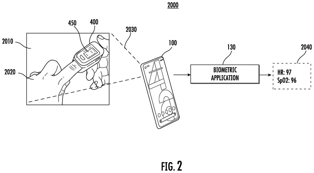 Smartphone capturing a photo of a smartwatch display to extract health metrics. Drawing from patent filing US 2026/0245723 A1.