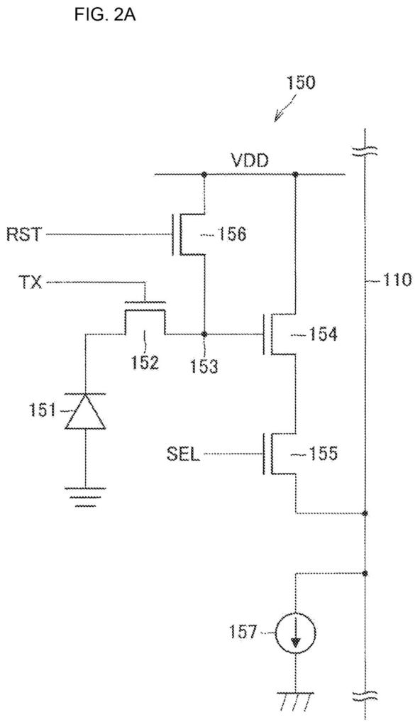 Circuit diagram of an individual pixel sensor cell and its vertical signal line. Drawing from patent filing US 2026/0246478 A1.