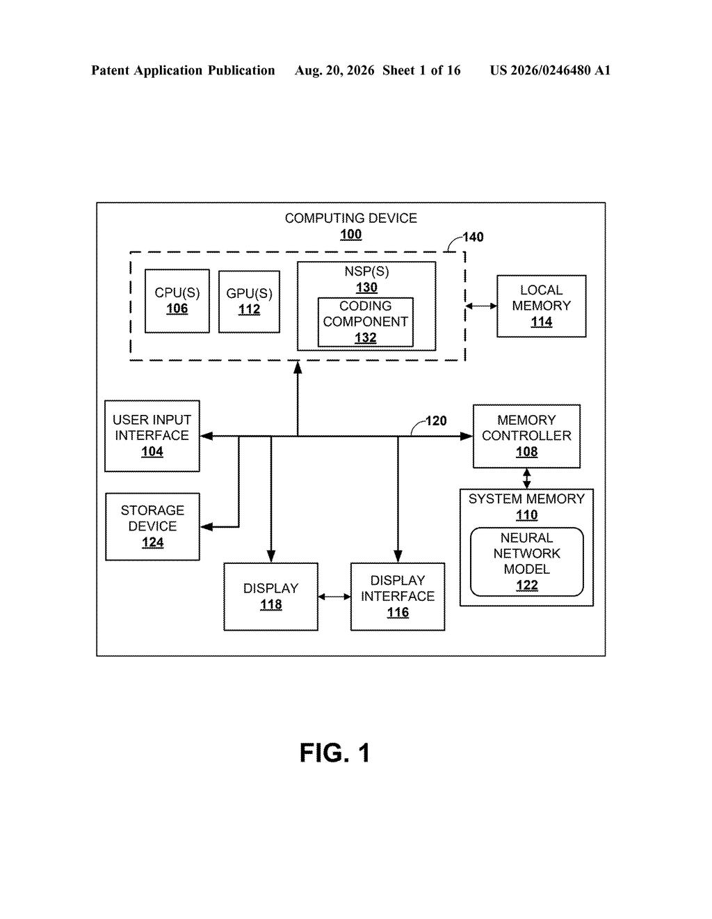 Hardware architecture of a computing device with processors, memory, and a neural network model. Drawing from patent filing US 2026/0246480 A1.