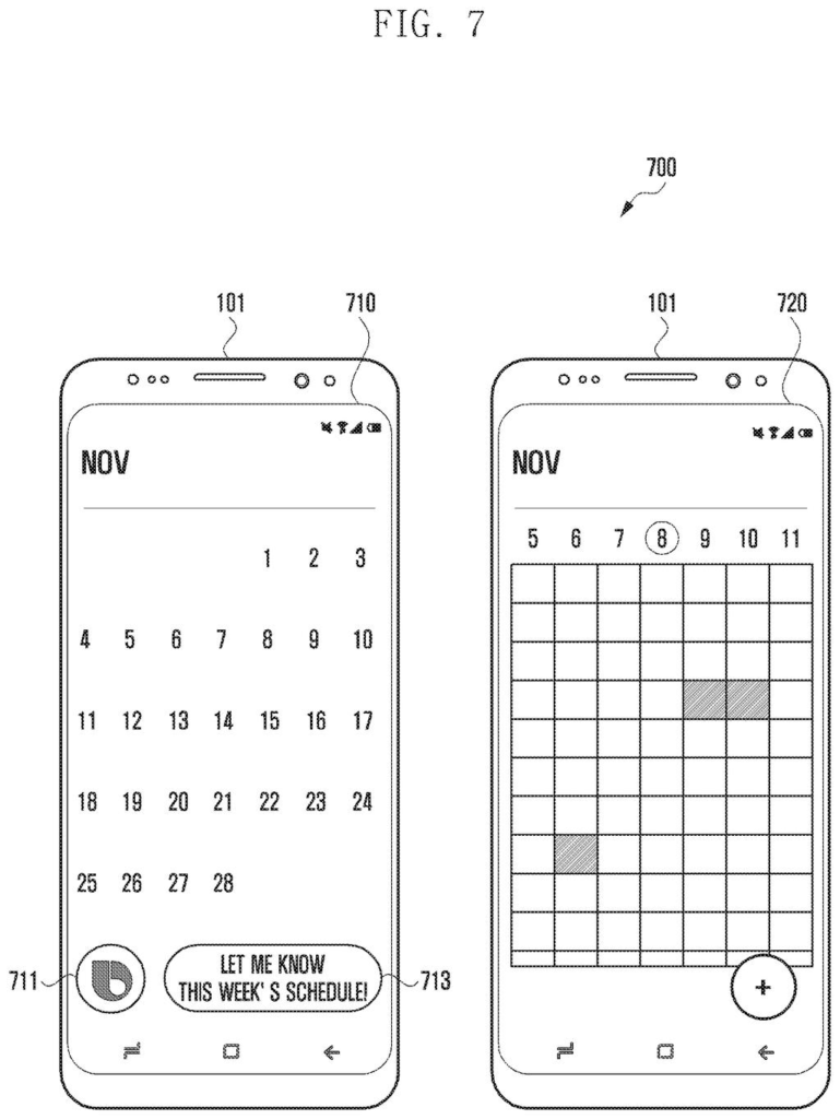 A smartphone displaying a calendar interface with scheduling prompts for the AI assistant. Drawing from patent filing US 2026/0246751 A1.