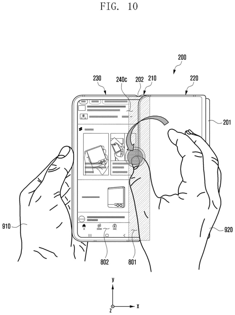 Hands holding and opening a tri-fold smartphone while interacting with the display. Drawing from patent filing US 2026/0246861 A1.