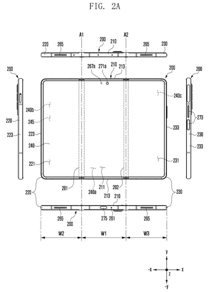 Front and side views of the fully unfolded multi-panel foldable phone. Drawing from patent filing US 2026/0246862 A1.