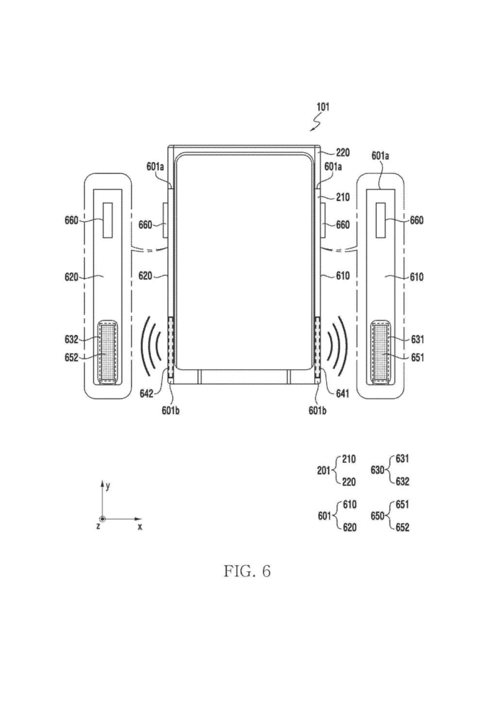 Front and side views of a sliding smartphone displaying the integrated speaker modules and sound wave paths. Drawing from patent filing US 2026/0246864 A1.