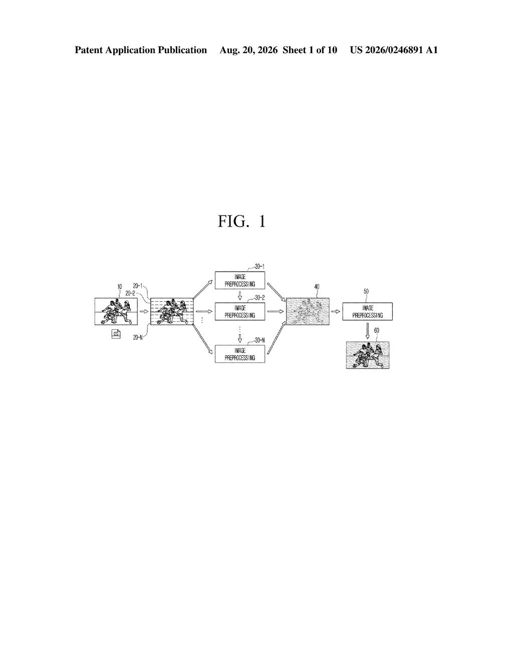 Video frame divided into horizontal strips for independent processing and reassembly. Drawing from patent filing US 2026/0246891 A1.
