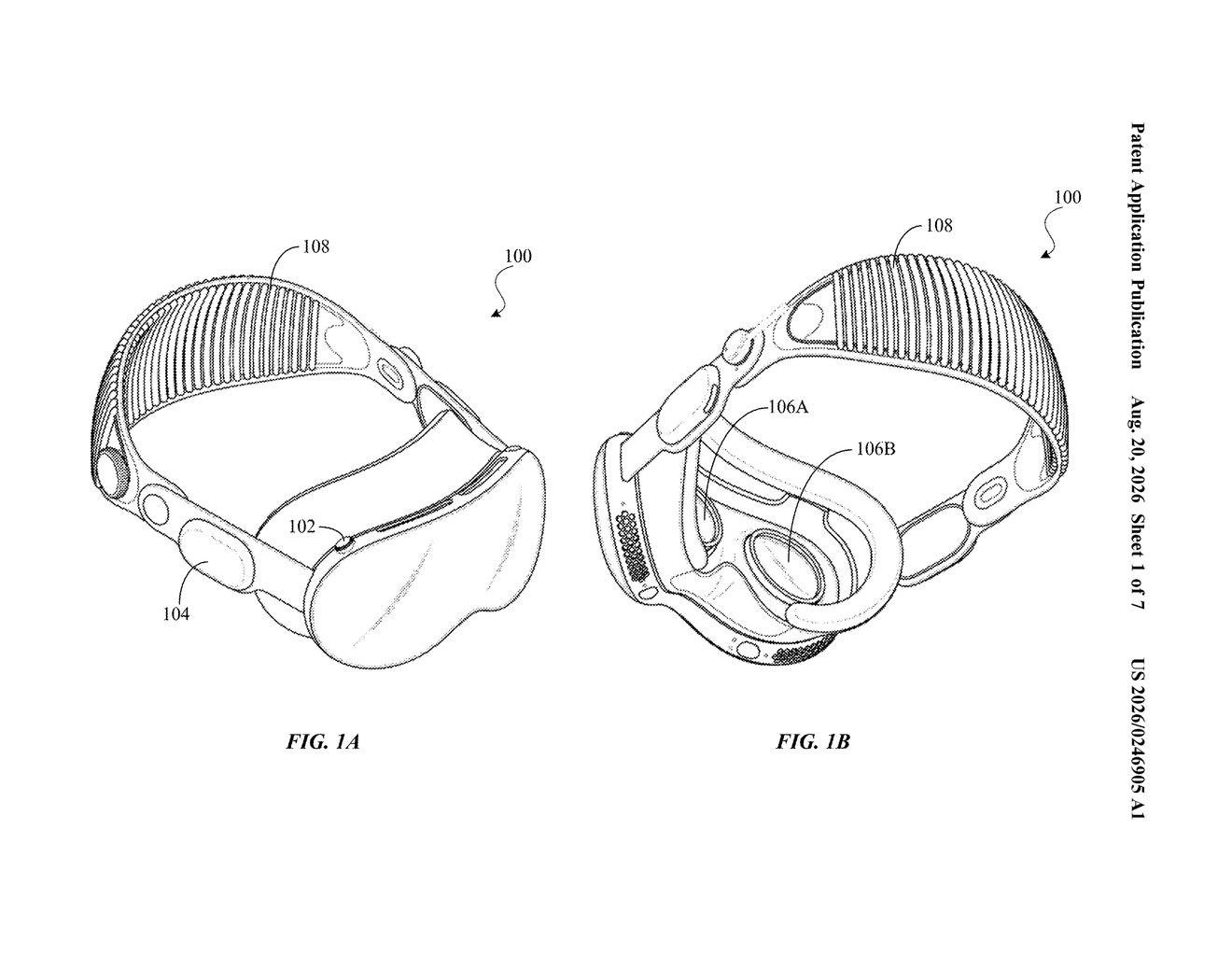 Isometric views of a mixed reality headset showing external controls, internal eye displays, and the adjustable headband. Drawing from patent filing US 2026/0246905 A1.