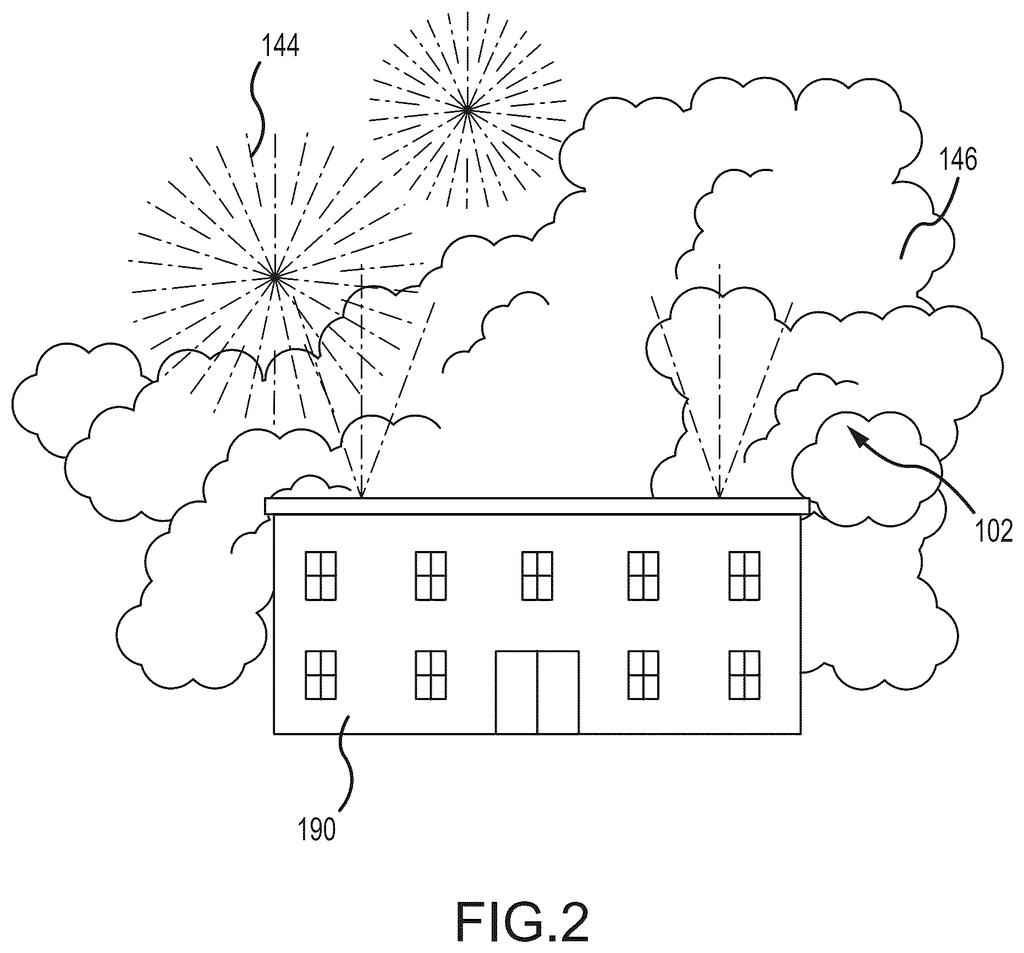 Fireworks bursting above clouds of smoke and vapor rolling off the roof of a building. Drawing from patent filing US 2026/0246909 A1.