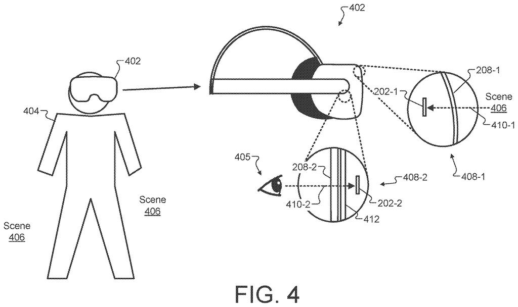 A person wearing a headset containing internal cameras and optical components positioned in front of their eyes. Drawing from patent filing US 2026/0246912 A1.