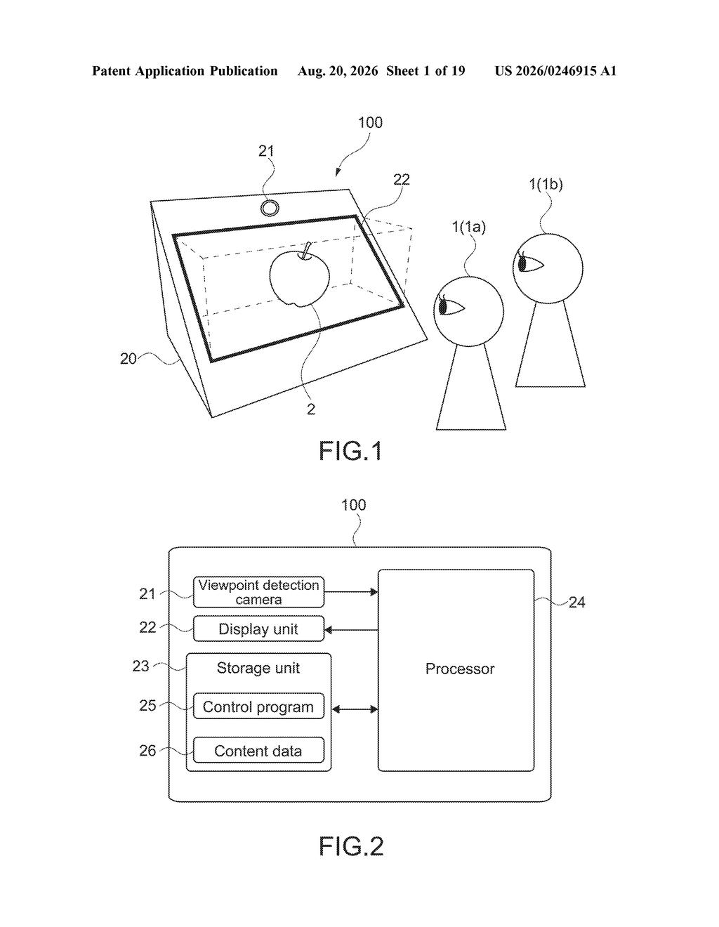Tabletop dual-view display presenting different perspectives to two viewers simultaneously. Drawing from patent filing US 2026/0246915 A1.