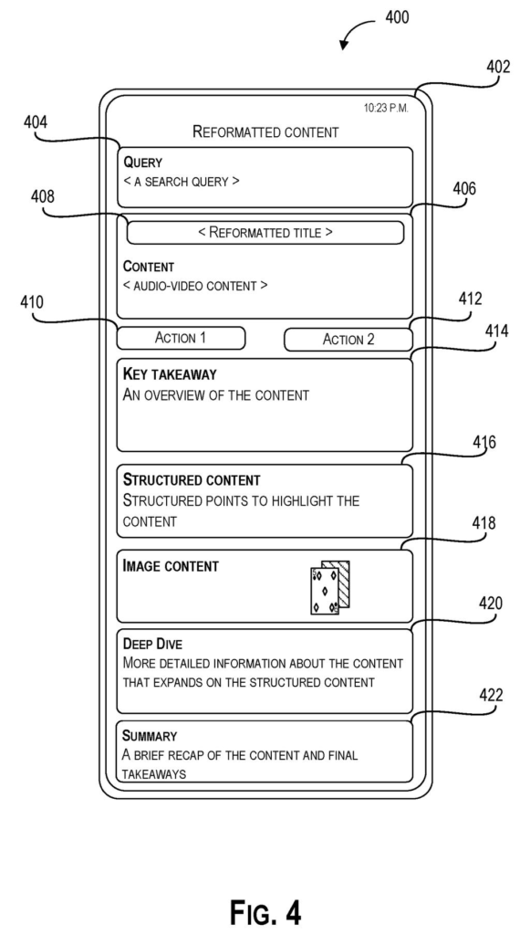 Mobile phone displaying structured text search results generated from video content. Drawing from patent filing US 2026/0246985 A1.