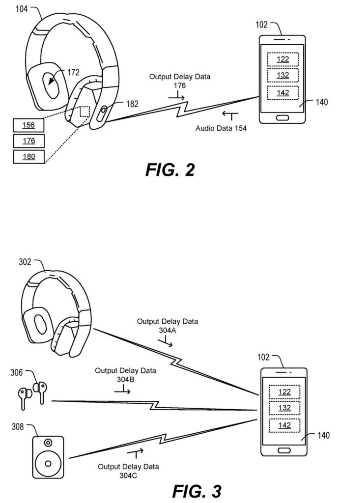 Wireless headphones connected to a smartphone that transmits output delay data and audio data. Drawing from patent filing US 2026/0246993 A1.