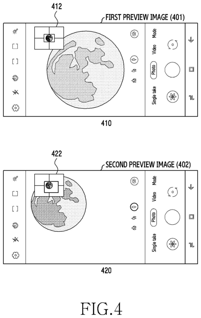 A smartphone display shows two preview images of a globe, demonstrating how a camera lock function allows reframing the shot. Drawing from patent filing US 2026/0247027 A1.