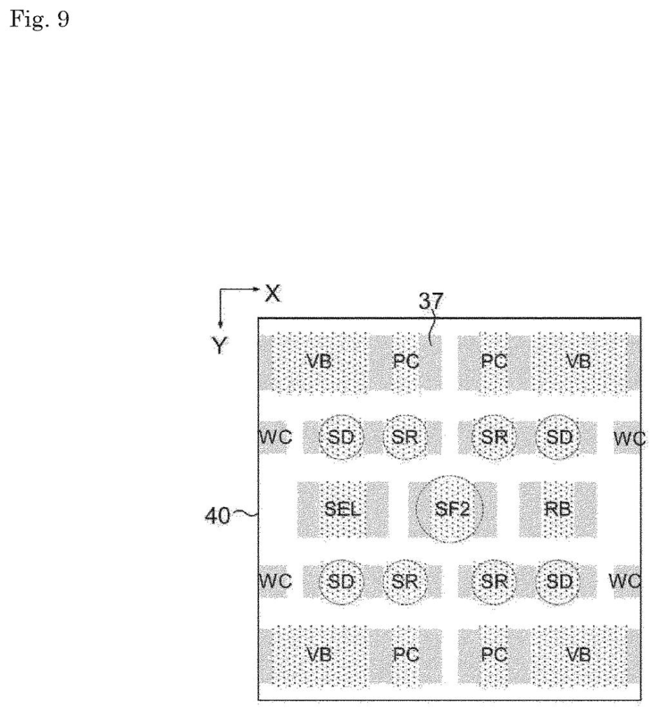 A geometric layout of a pixel circuit, showing various components arranged within a pixel area. Drawing from patent filing US 2026/0247049 A1.