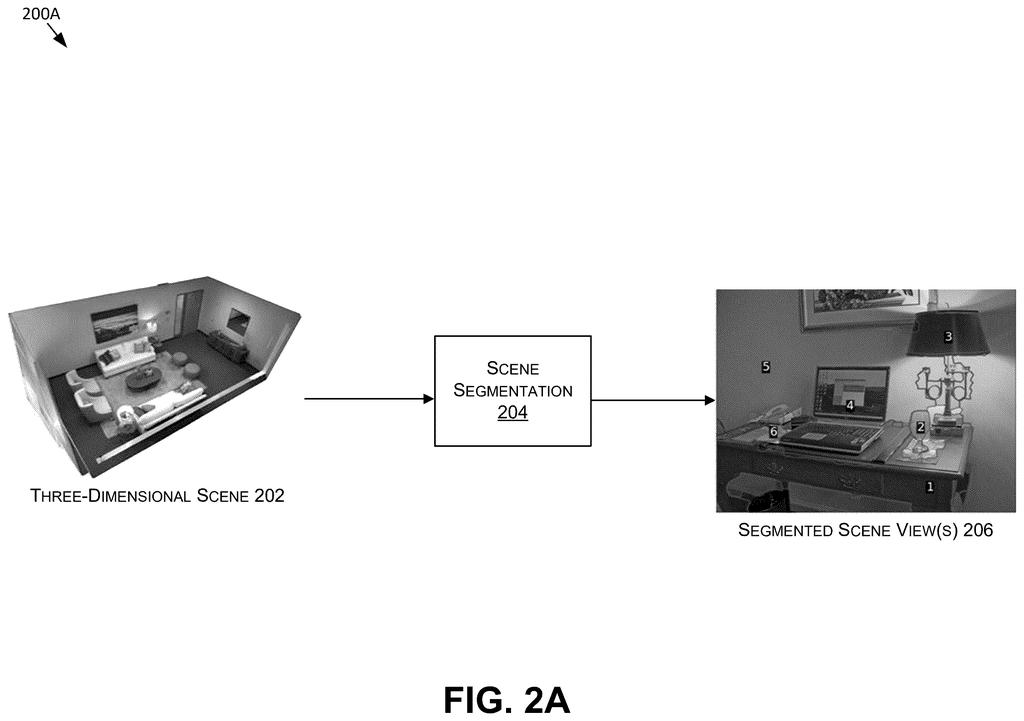A three-dimensional virtual room undergoing segmentation to identify individual objects like a laptop, lamp, and desk. Drawing from patent filing US 2026/0247097 A1.