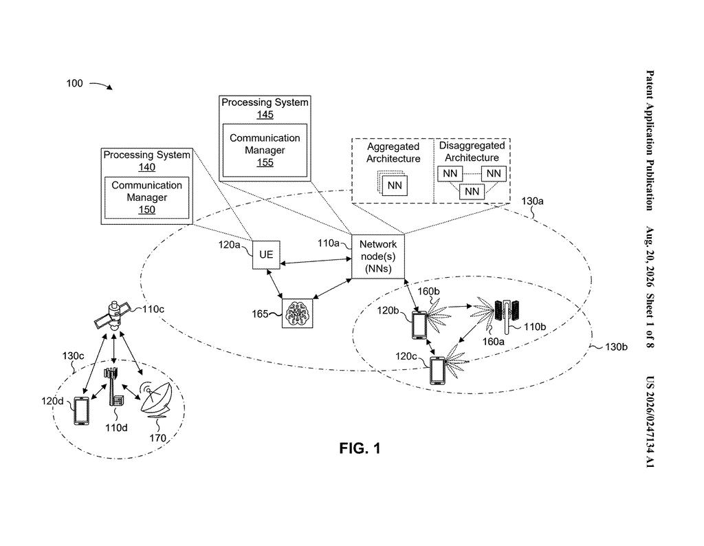 A network of phones, cell towers, and satellites, with a phone switching between different communication modes. Drawing from patent filing US 2026/0247134 A1.
