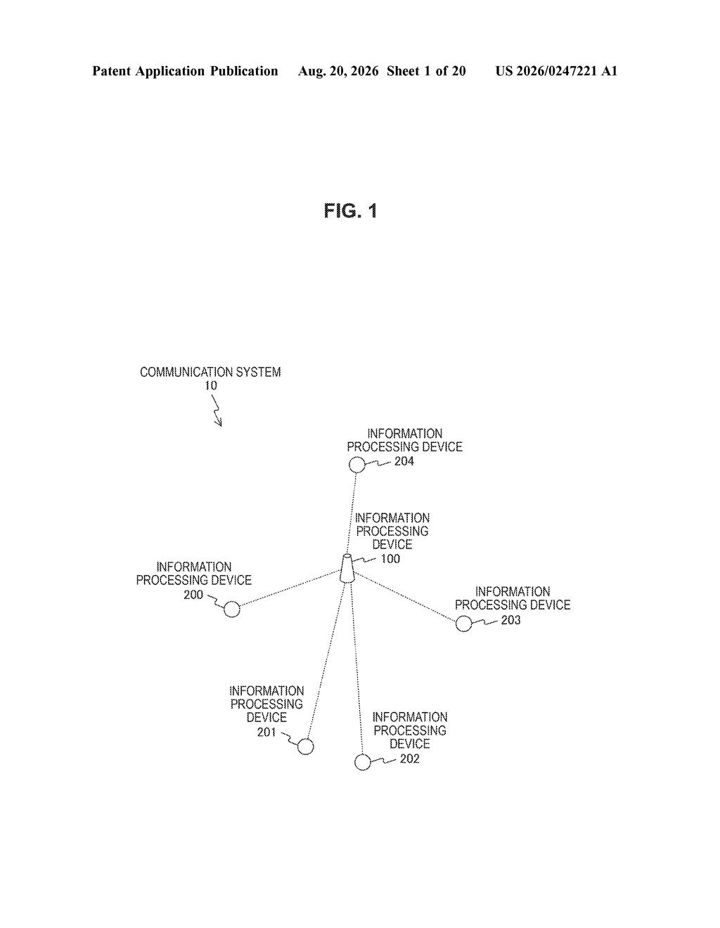A communication system with a central information processing device connected to several other information processing devices. Drawing from patent filing US 2026/0247221 A1.