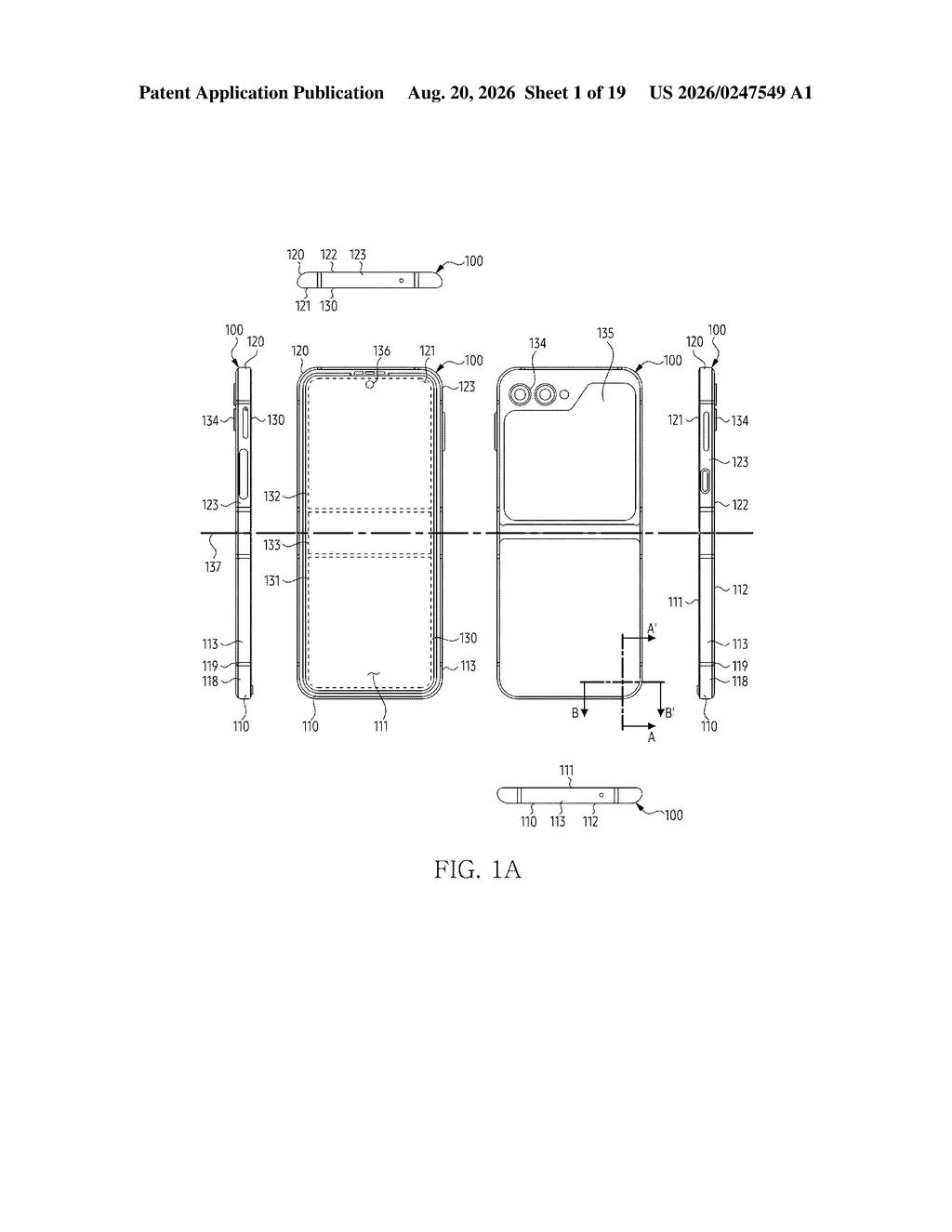 A foldable phone is shown from multiple perspectives, including its folded and unfolded states, highlighting external features and dimensions. Drawing from patent filing US 2026/0247549 A1.