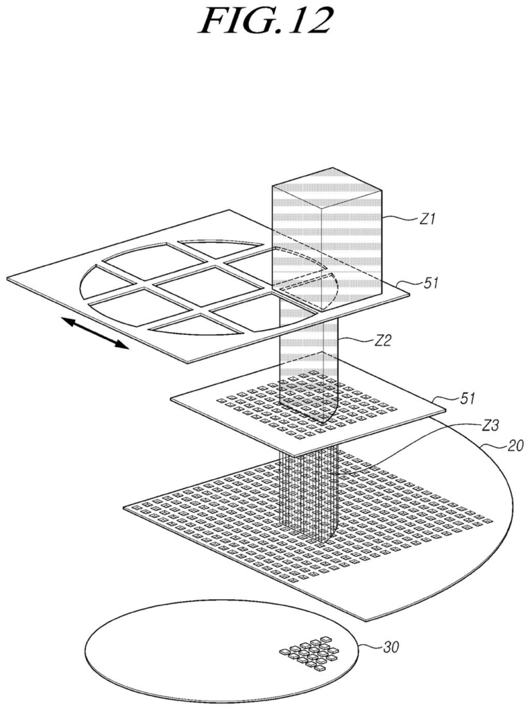 An exploded view of a laser system transferring micro LEDs from a first substrate to a second substrate. Drawing from patent filing US 2026/0247769 A1.