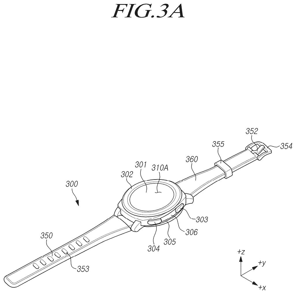 Perspective view of a smartwatch featuring a circular display and a wrist strap. Drawing from patent filing US 2026/0248452 A1.