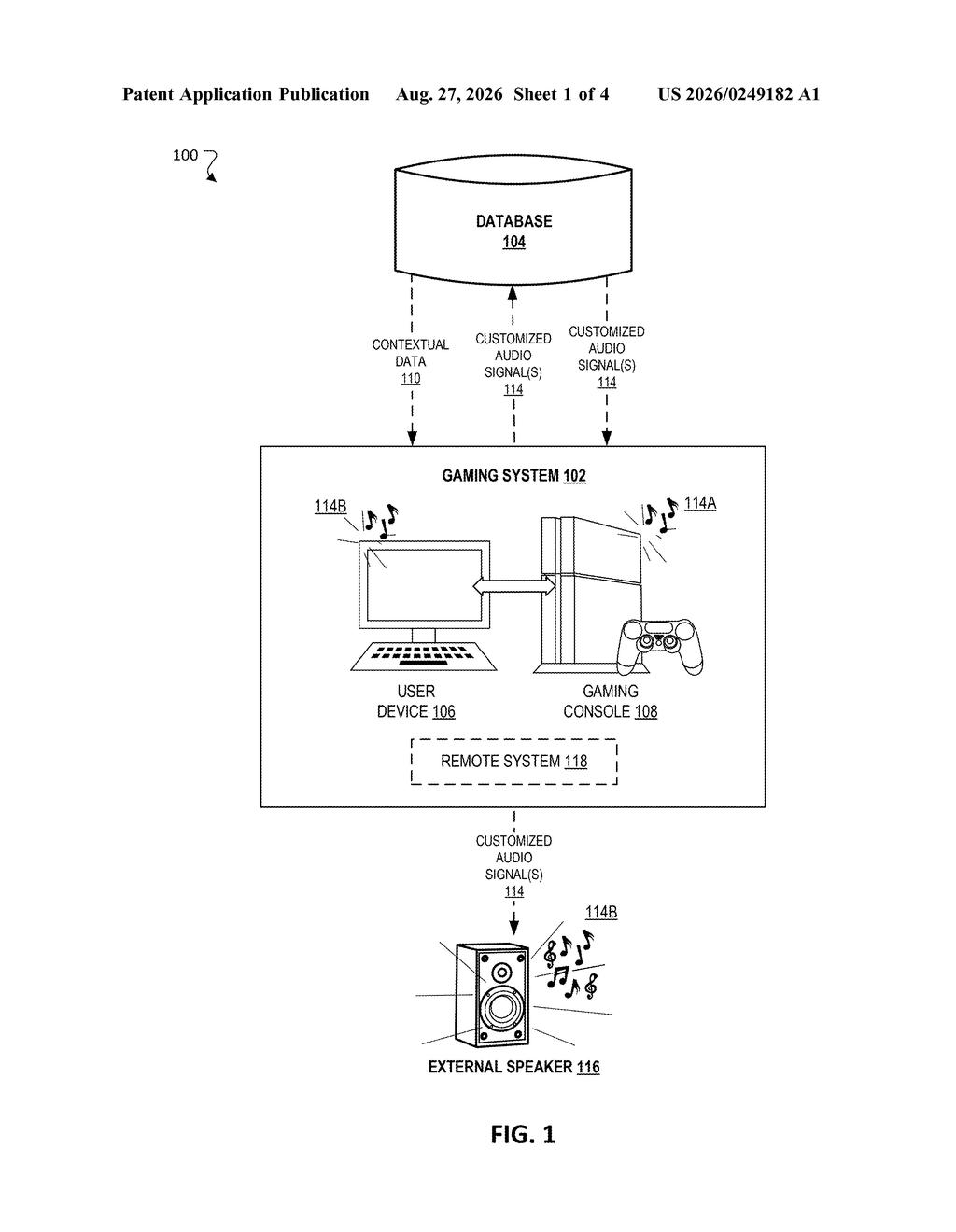 A gaming system, including a console and user device, receives contextual data and outputs customized audio signals to an external speaker. Drawing from patent filing US 2026/0249182 A1.