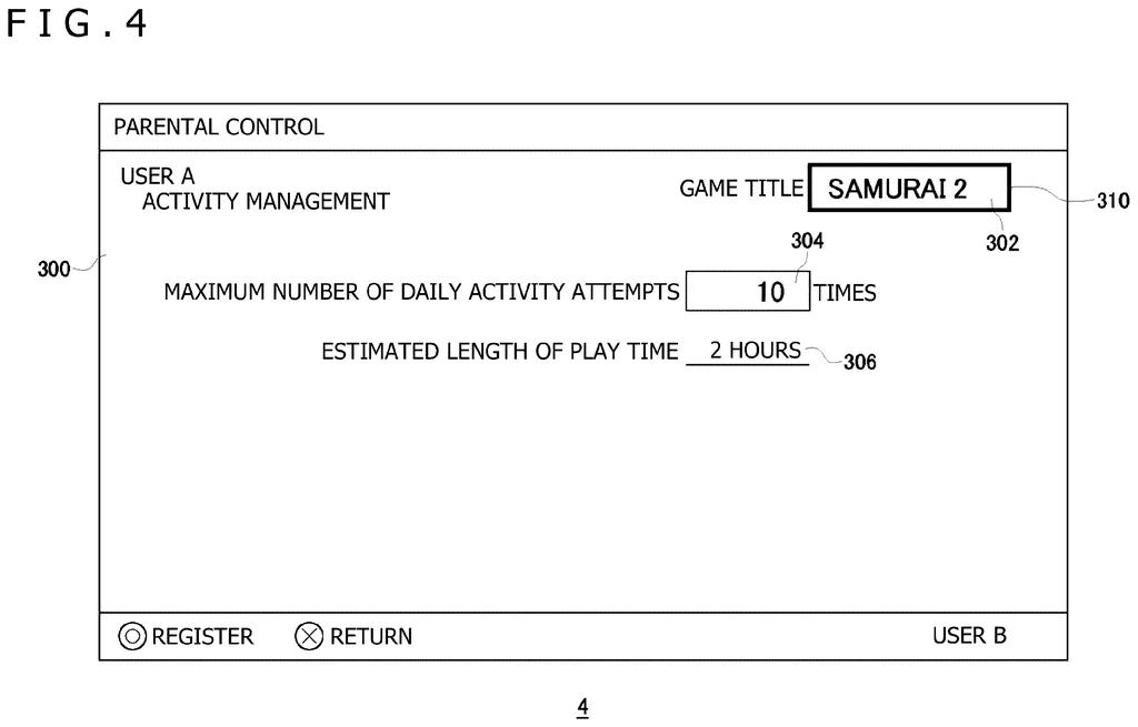 A parental control screen for managing a user's activity, showing options to set the maximum number of daily activity attempts and estimated play time for a game. Drawing from patent filing US 2026/0249196 A1.