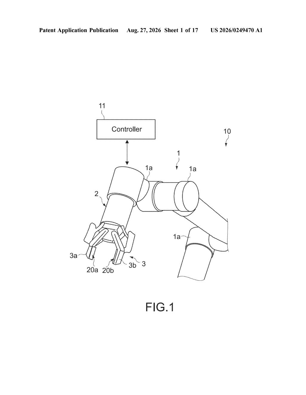 A robotic arm holding a specialized gripper equipped with pressure-sensing sheets connected to a central controller. Drawing from patent filing US 2026/0249470 A1.