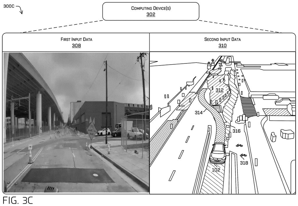 A self-driving vehicle's real-world view of a street and the corresponding generated map showing lanes, objects, and drivable surfaces. Drawing from patent filing US 2026/0249887 A1.