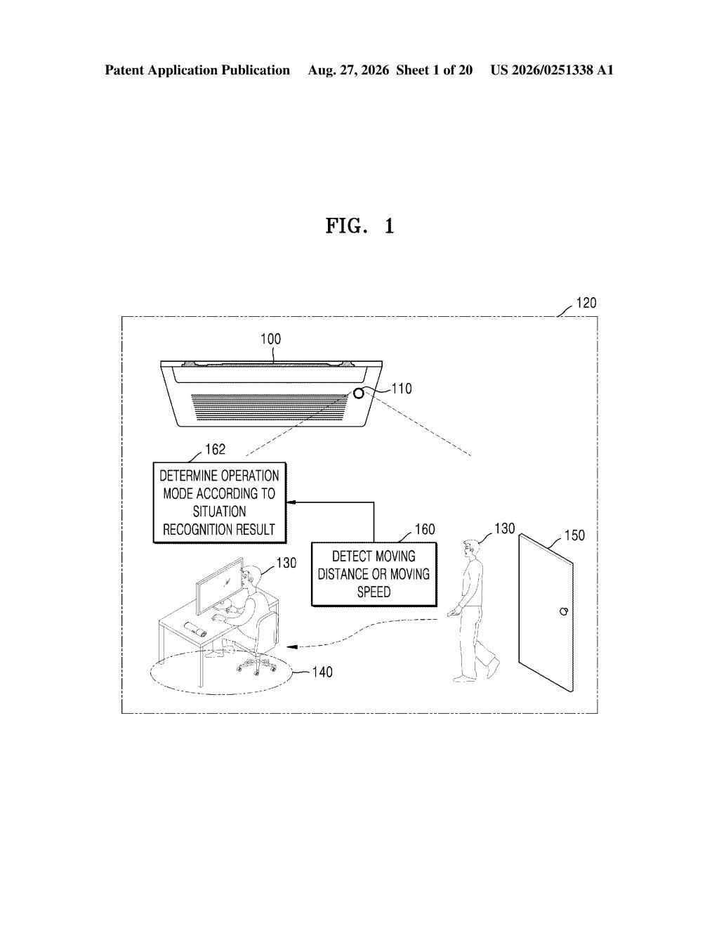 An air conditioner detects a person's movement in a room and adjusts its operation mode based on their activity. Drawing from patent filing US 2026/0251338 A1.