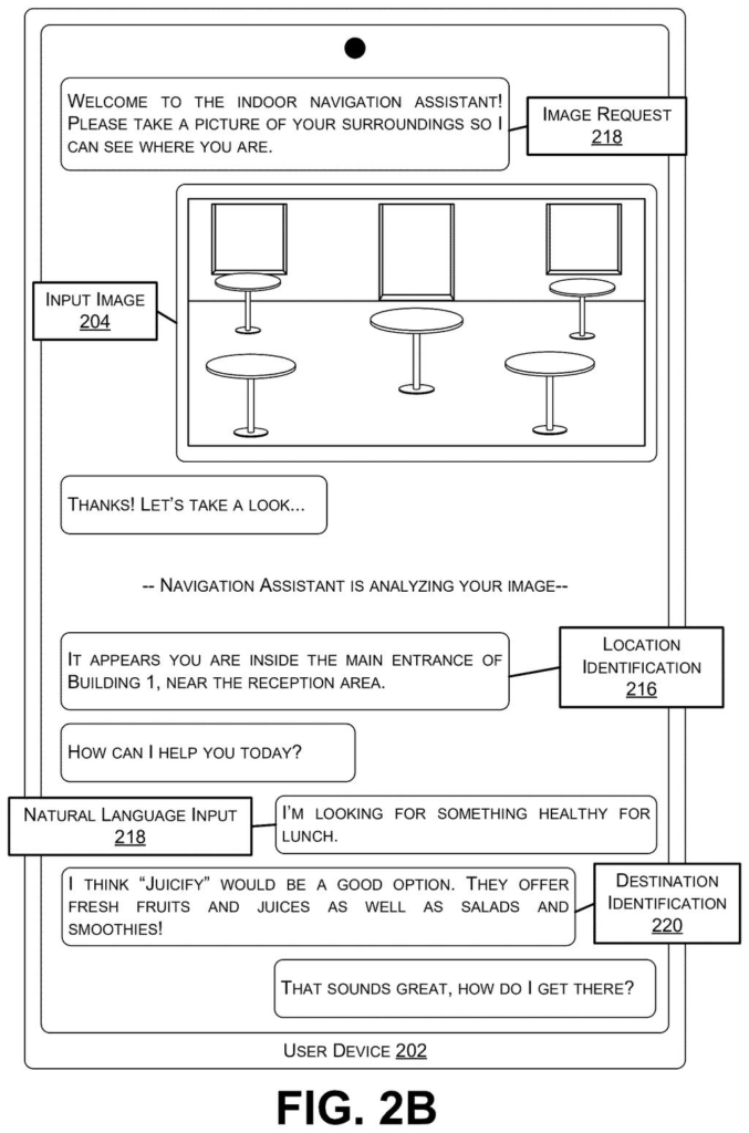 A smartphone screen displaying an indoor navigation assistant that identifies a user's location from a photo and suggests a nearby lunch spot. Drawing from patent filing US 2026/0251458 A1.