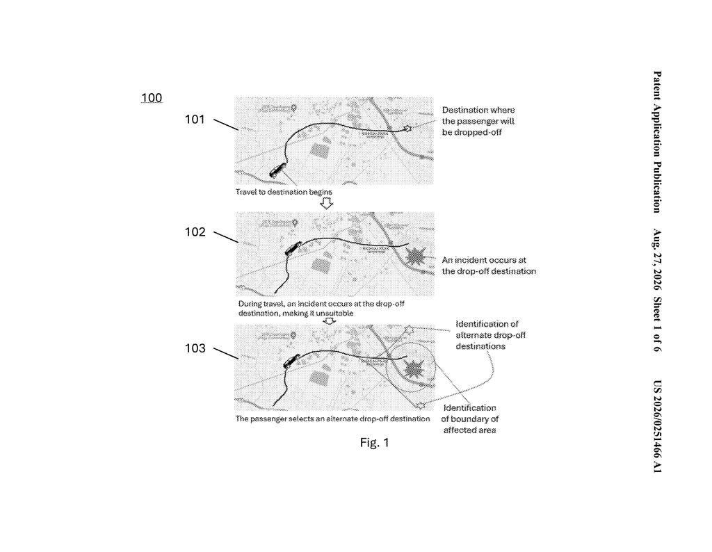 An autonomous vehicle's journey to a drop-off destination, an incident occurring, and the identification of alternate drop-off locations. Drawing from patent filing US 2026/0251466 A1.