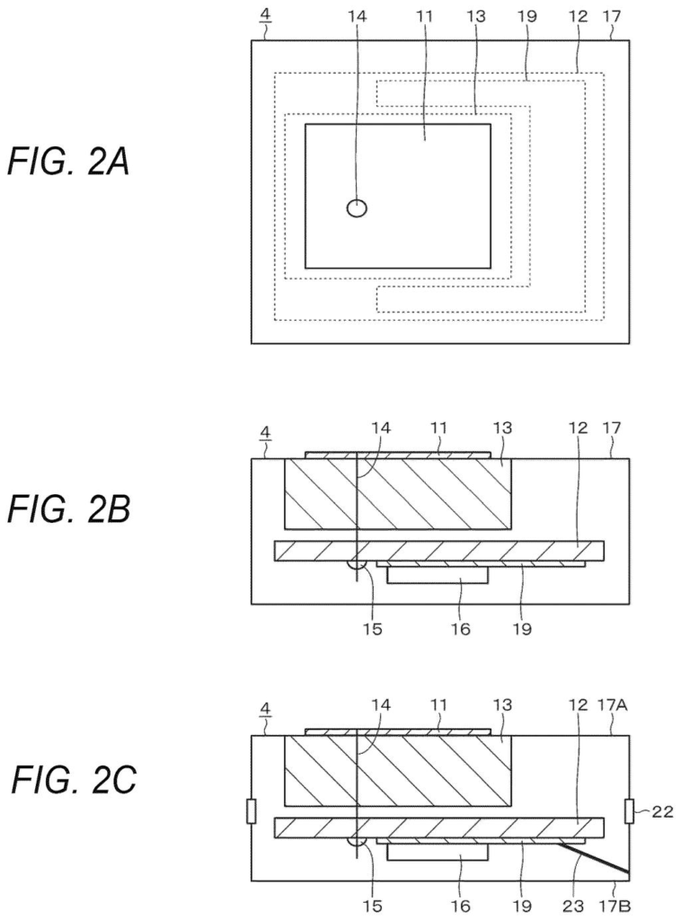 A top-down and cross-sectional view of the sensor unit, showing its antenna elements and internal components. Drawing from patent filing US 2026/0251688 A1.