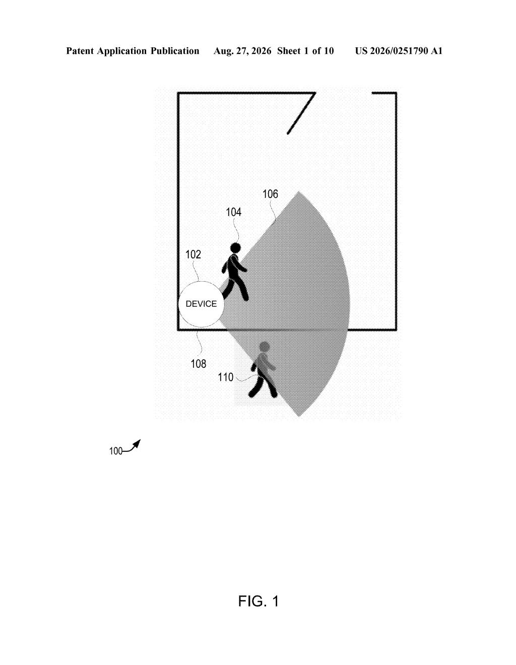 A room sensor detects people inside and outside a room using electromagnetic and ultrasonic signals. Drawing from patent filing US 2026/0251790 A1.