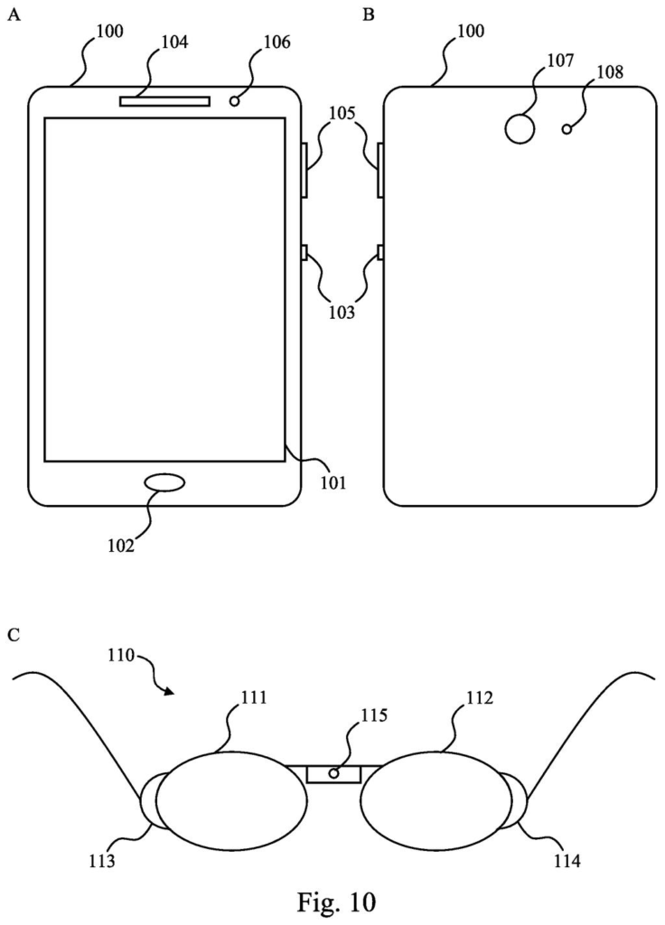 A smartphone and smart glasses equipped with a specialized depth-sensing camera system. Drawing from patent filing US 2026/0251796 A1.