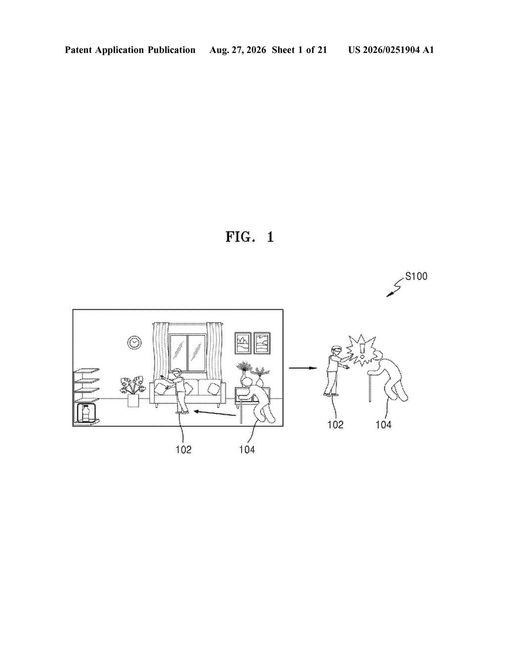 A person in an extended reality environment on stilts is about to collide with an elderly person using a cane in the real world. Drawing from patent filing US 2026/0251904 A1.