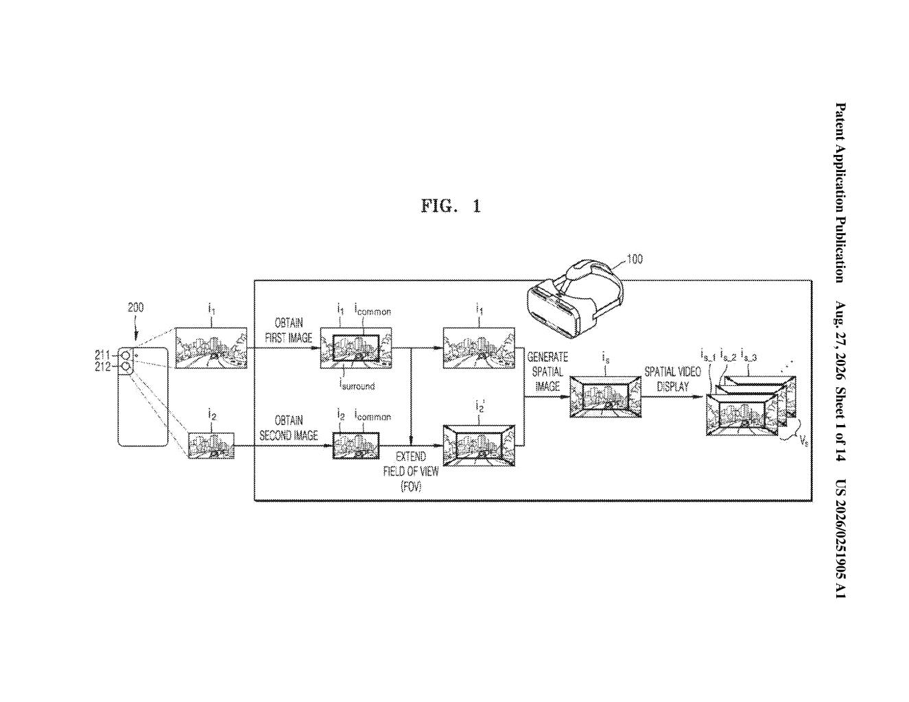 Pipeline for transforming dual camera images into spatial video for headsets. Drawing from patent filing US 2026/0251905 A1.
