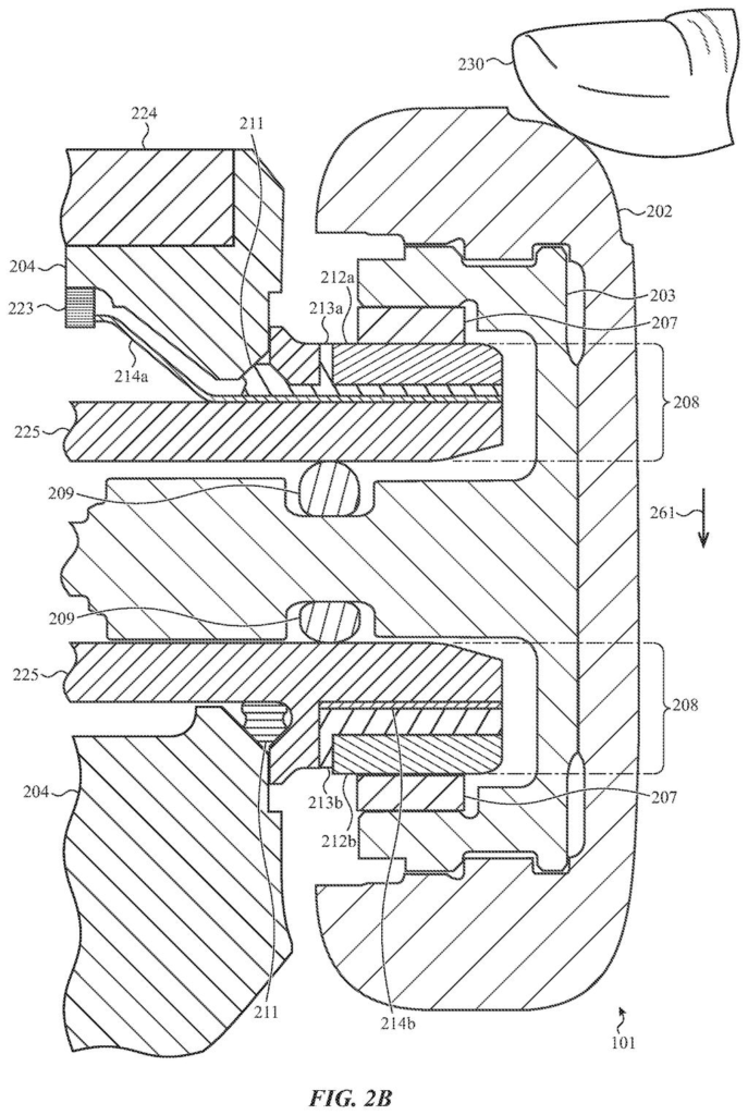 Cross-section of a smartwatch crown being pressed by a finger to measure applied force. Drawing from patent filing US 2026/0252033 A1.