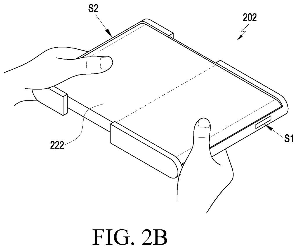 Hands expanding the slidable electronic device to a wider display mode. Drawing from patent filing US 2026/0252144 A1.