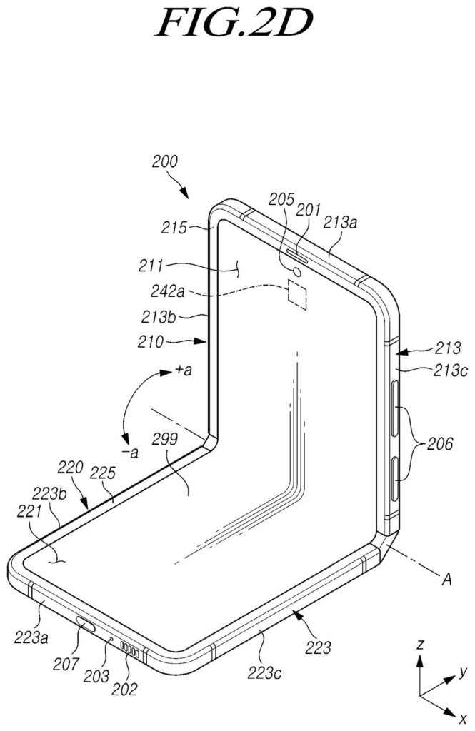 A foldable smartphone in a partially open position, revealing its flexible screen and hinge mechanism. Drawing from patent filing US 2026/0252146 A1.