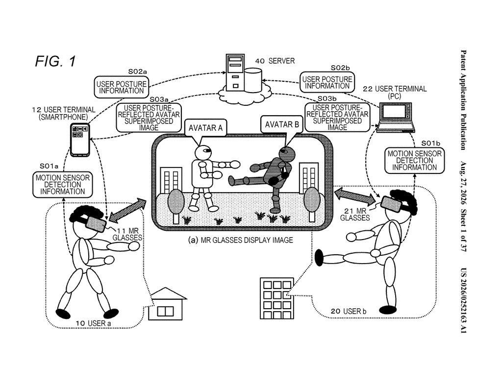Networked users wearing mixed-reality glasses interact in a shared virtual space via remote avatars. Drawing from patent filing US 2026/0252163 A1.
