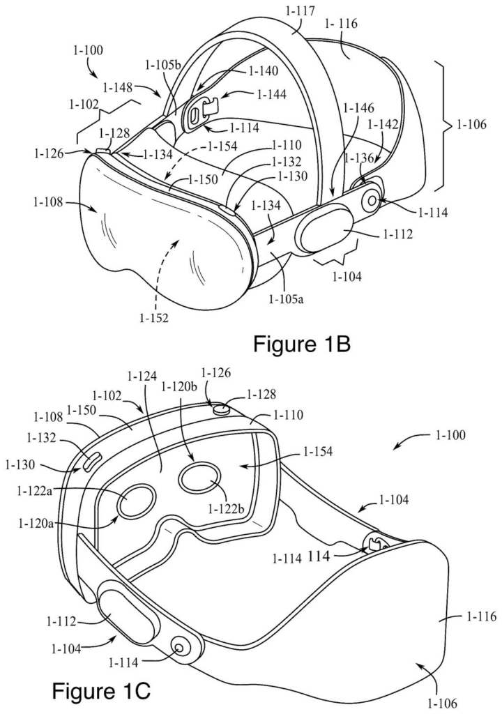 Perspective view of a wearable virtual reality headset showing straps, cameras, and external housing features. Drawing from patent filing US 2026/0252170 A1.