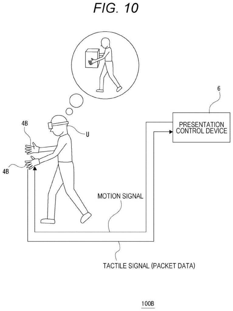 A user wearing a virtual reality headset and haptic gloves receives simulated touch feedback when lifting a virtual box. Drawing from patent filing US 2026/0252174 A1.