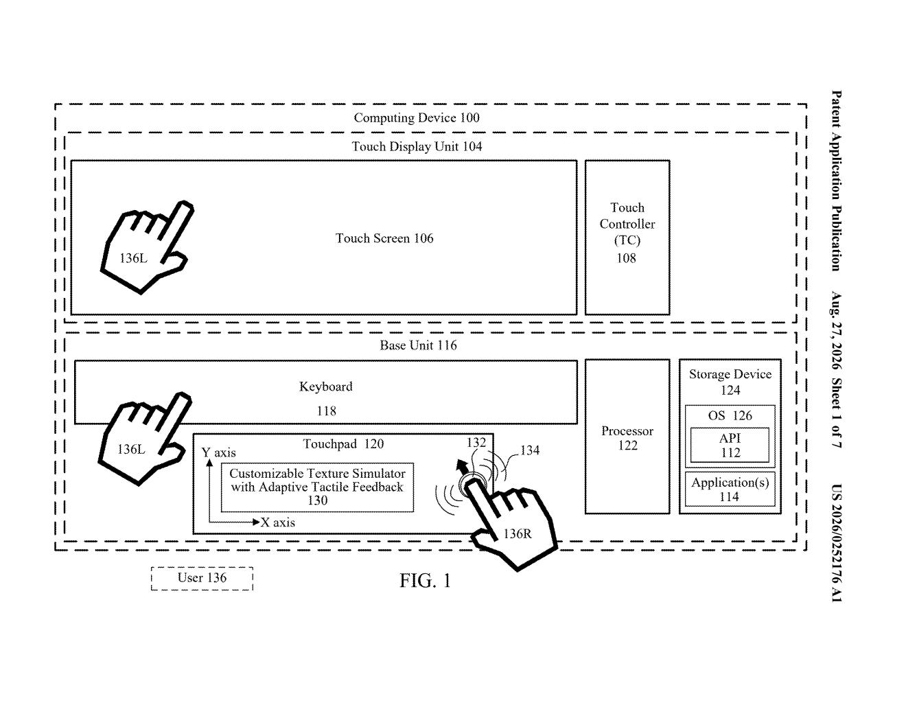 Computing device with a touch screen and a touchpad that simulates various surface textures using tactile feedback. Drawing from patent filing US 2026/0252176 A1.