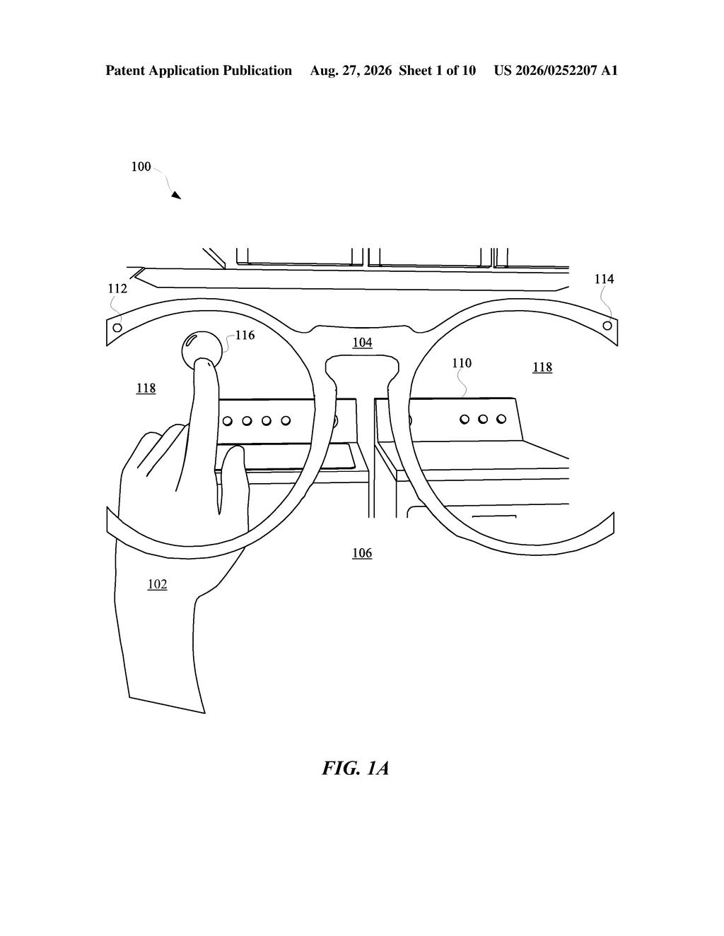 Smart glasses overlaying an interactive interface onto a washing machine while a finger points at a control. Drawing from patent filing US 2026/0252207 A1.
