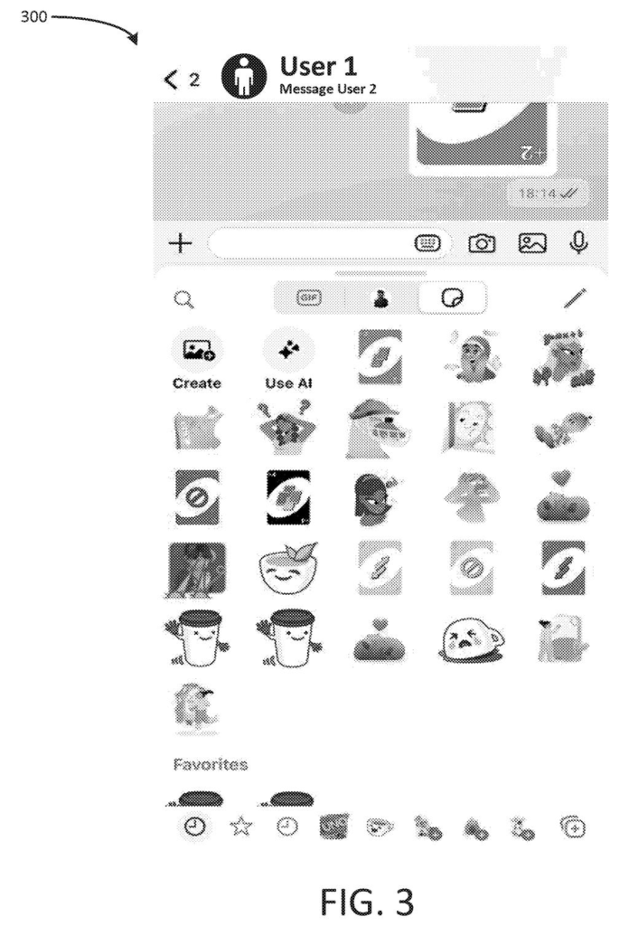 Chat interface displaying a grid of graphic stickers available for selection and posting within a conversation. Drawing from patent filing US 2026/0252210 A1.