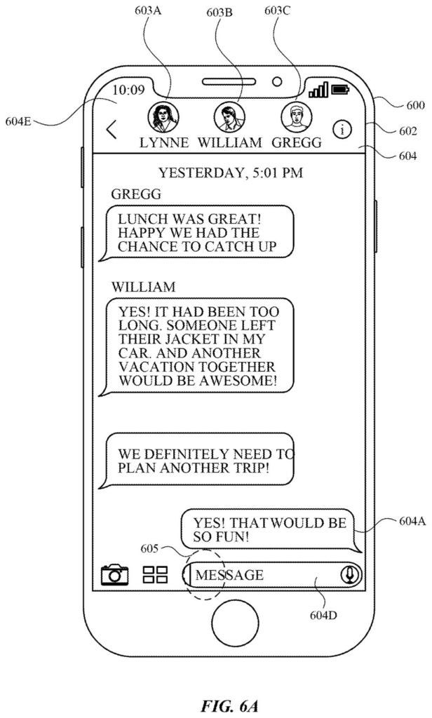 A messaging app conversation interface on a smartphone screen showing participant profiles and text bubbles. Drawing from patent filing US 2026/0252211 A1.