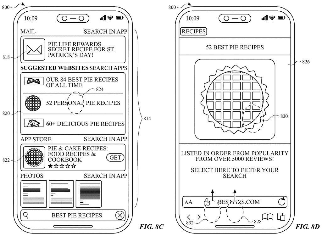 A smartphone screen displays a search results list alongside a specific recipe page, highlighting the interface's ability to manage multiple views. Drawing from patent filing US 2026/0252219 A1.