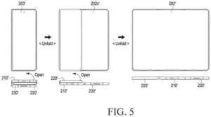 Patent drawing: Samsung Patent Shows Three-Panel Phone That Automatically Rearranges Apps When Unfolded