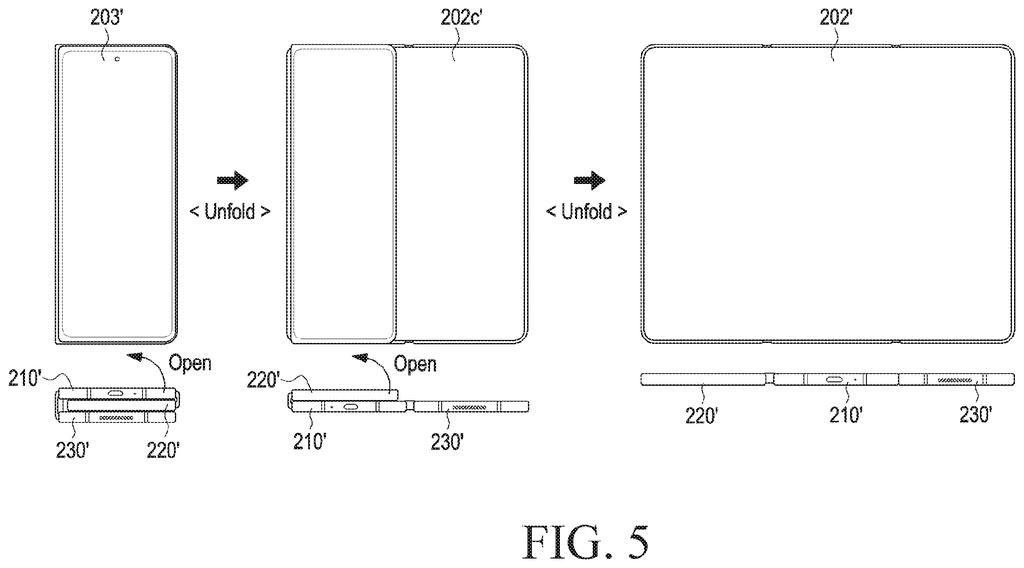 A three-panel phone unfolds from a compact state to a fully open display, showing how the screen expands. Drawing from patent filing US 2026/0252296 A1.
