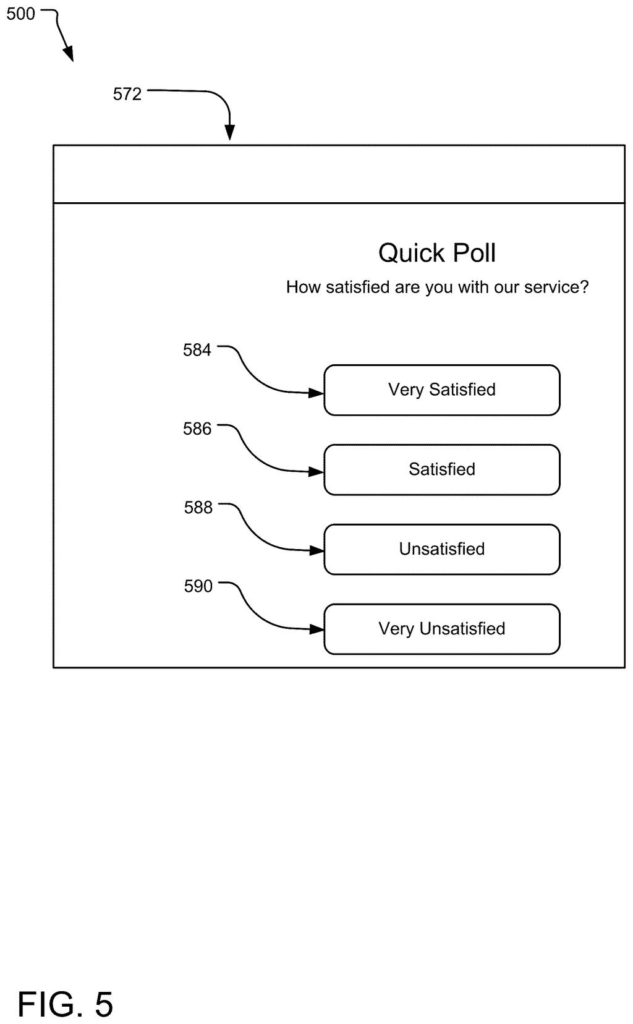 A quick poll user interface featuring rating buttons for customer satisfaction feedback. Drawing from patent filing US 2026/0252314 A1.