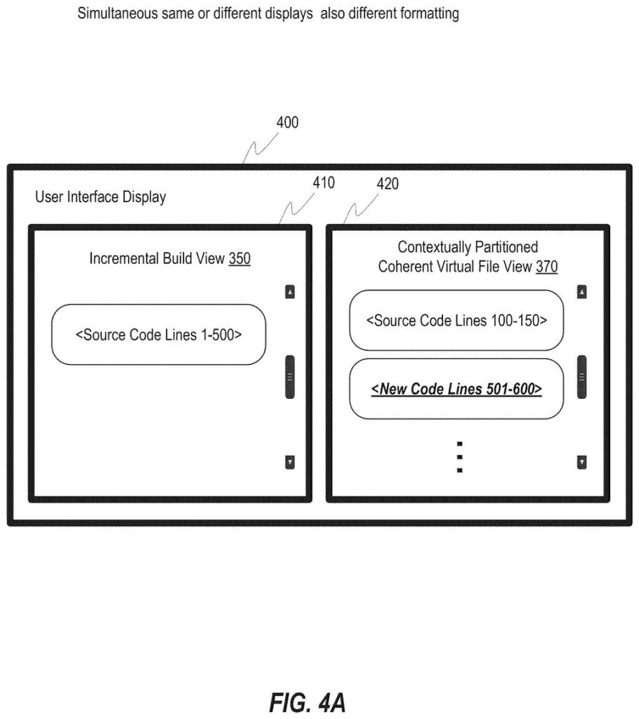 Side-by-side user interface display comparing a traditional code build view with a filtered virtual file view. Drawing from patent filing US 2026/0252316 A1.